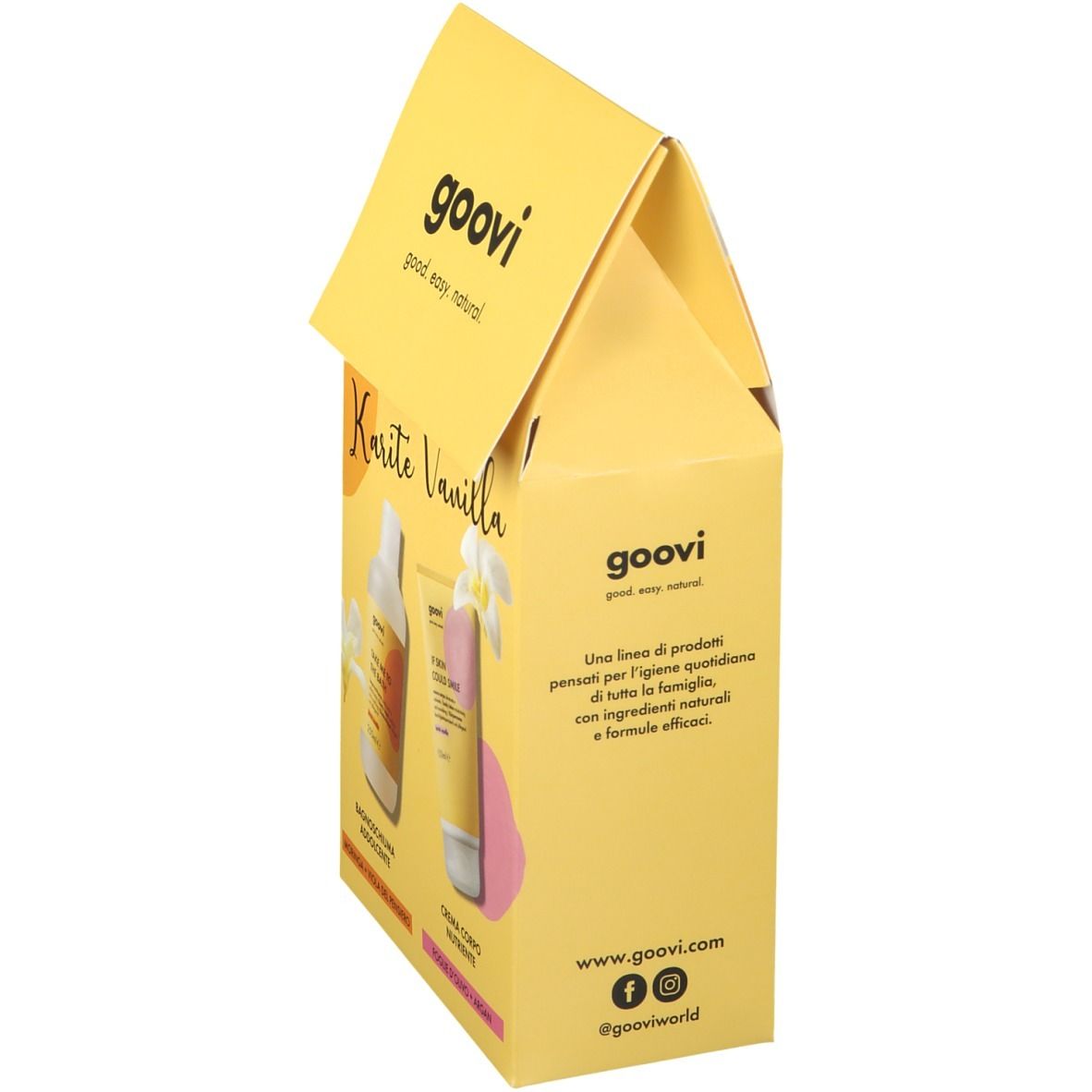 Confezione regalo Goovi gialla, vista di lato. Scritta: Karité Vanilla. Testo sulla linea di prodotti e sito web.