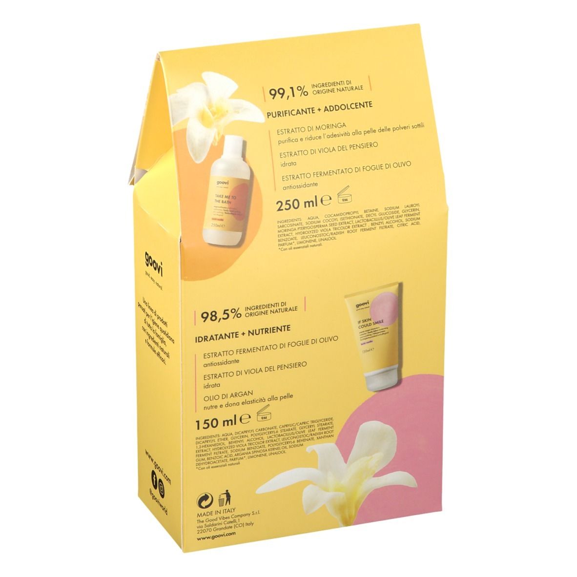 Retro della confezione regalo Goovi gialla. Contiene informazioni sugli ingredienti e le quantità. Scritta: Karité Vanilla.