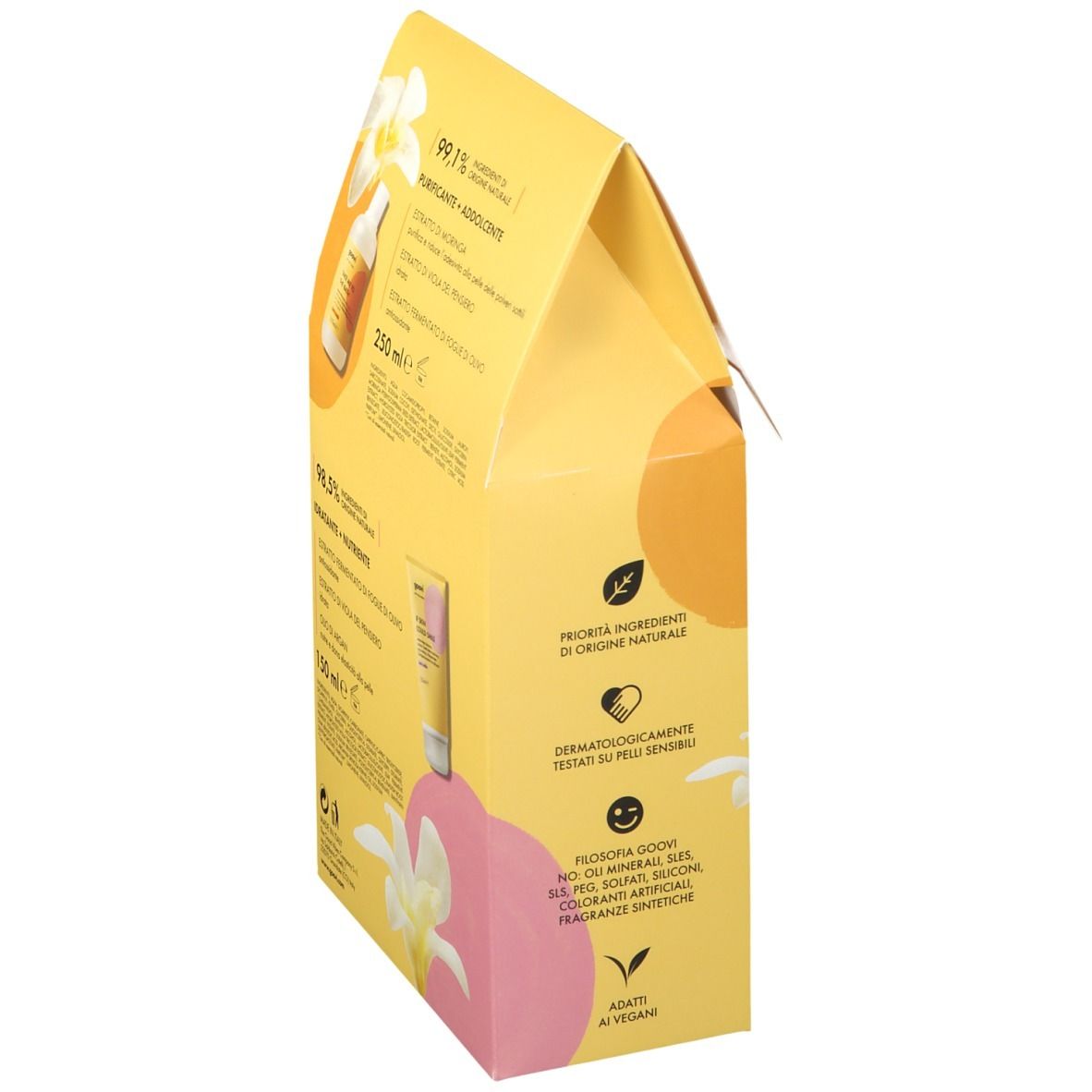 Retro della confezione regalo Goovi gialla. Contiene informazioni sugli ingredienti e certificazioni. Scritta: Karité Vanilla.