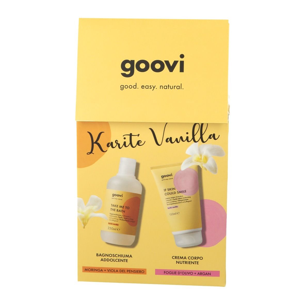 Confezione regalo Goovi gialla con bagnoschiuma e crema corpo. Scritta: Karité Vanilla. Prodotti su sfondo rosa.