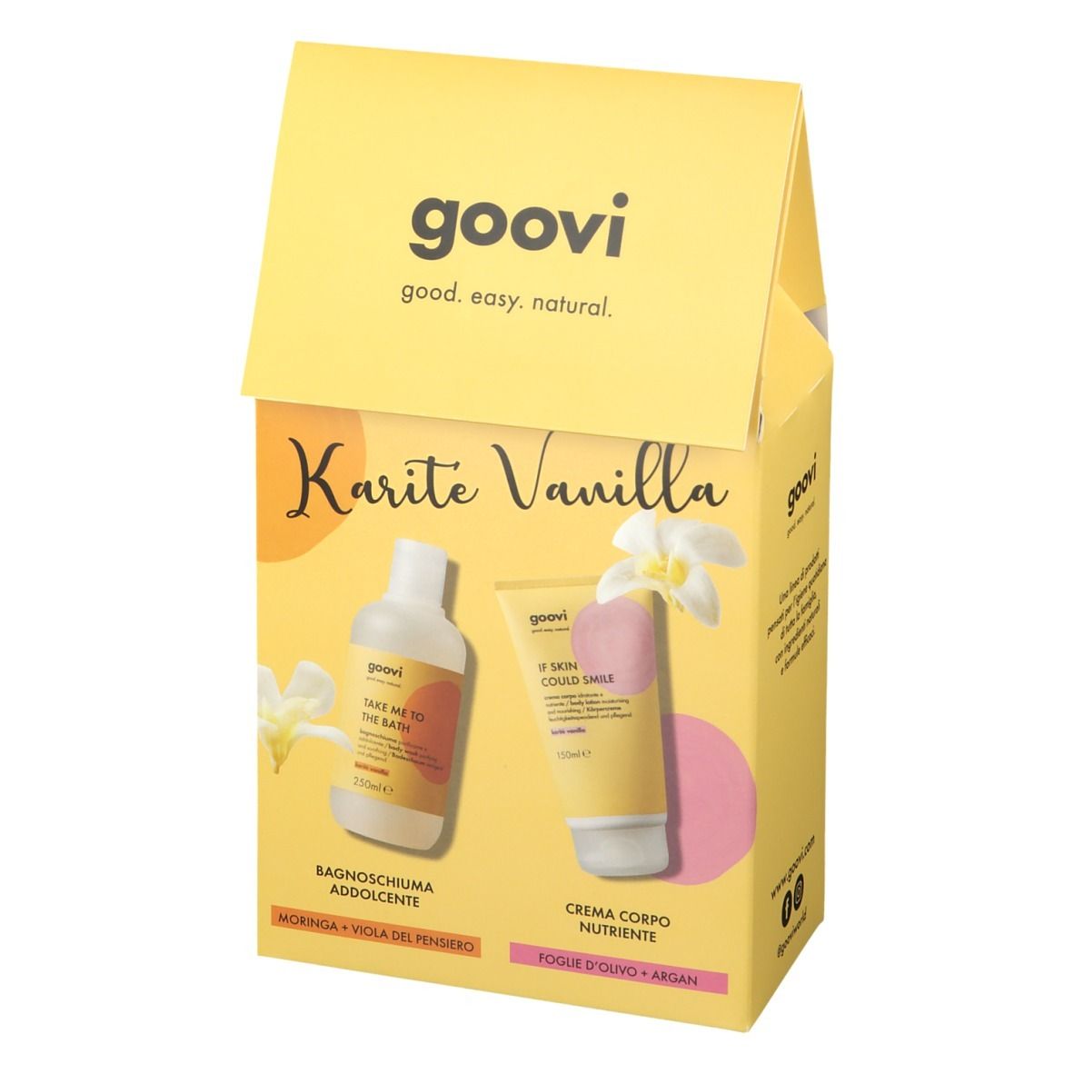 Confezione regalo Goovi gialla con bagnoschiuma e crema corpo. Scritta: Karité Vanilla. Prodotti su sfondo rosa.