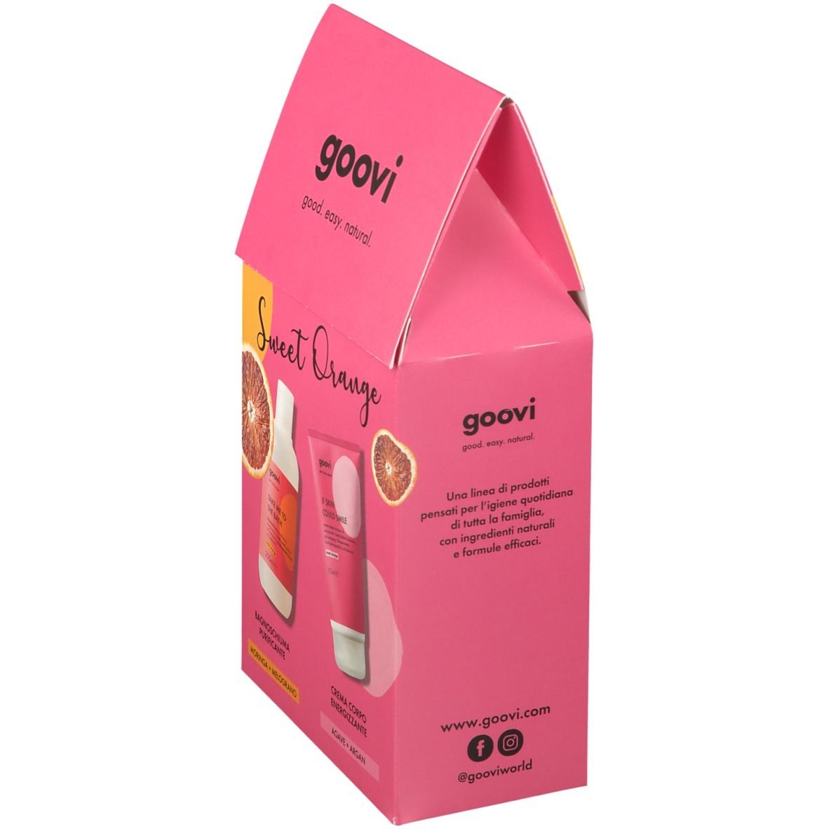 Confezione regalo rosa Goovi con logo e nome del prodotto. Contiene due prodotti. Scritta: Sweet Orange. Vista laterale con informazioni.