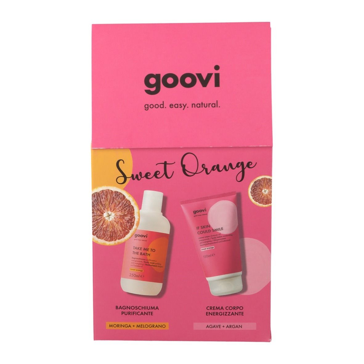 Confezione regalo rosa Goovi con logo e nome del prodotto. Contiene bagnoschiuma e crema corpo. Scritta: Sweet Orange.