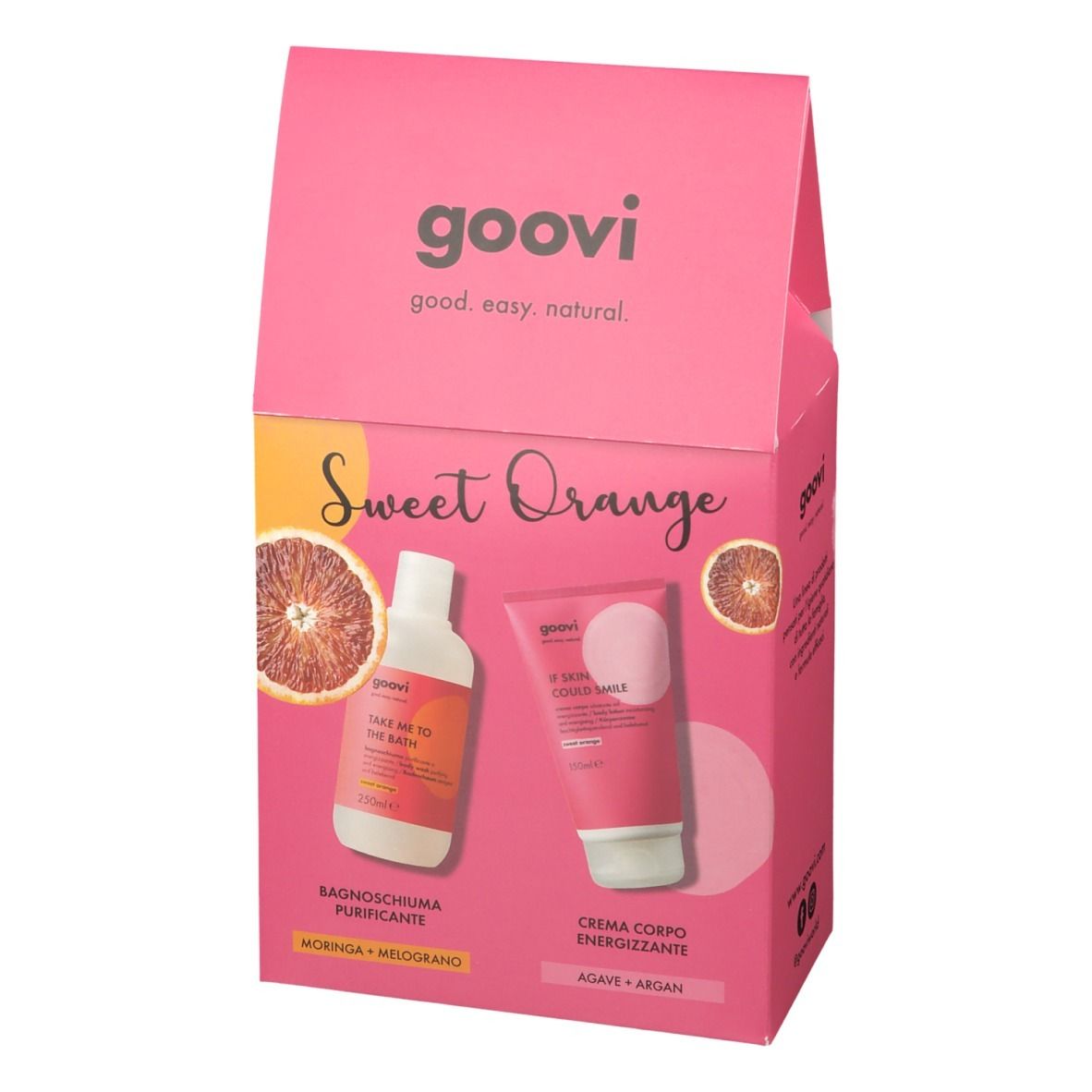 Confezione regalo rosa Goovi con logo e nome del prodotto. Contiene bagnoschiuma e crema corpo. Scritta: Sweet Orange.