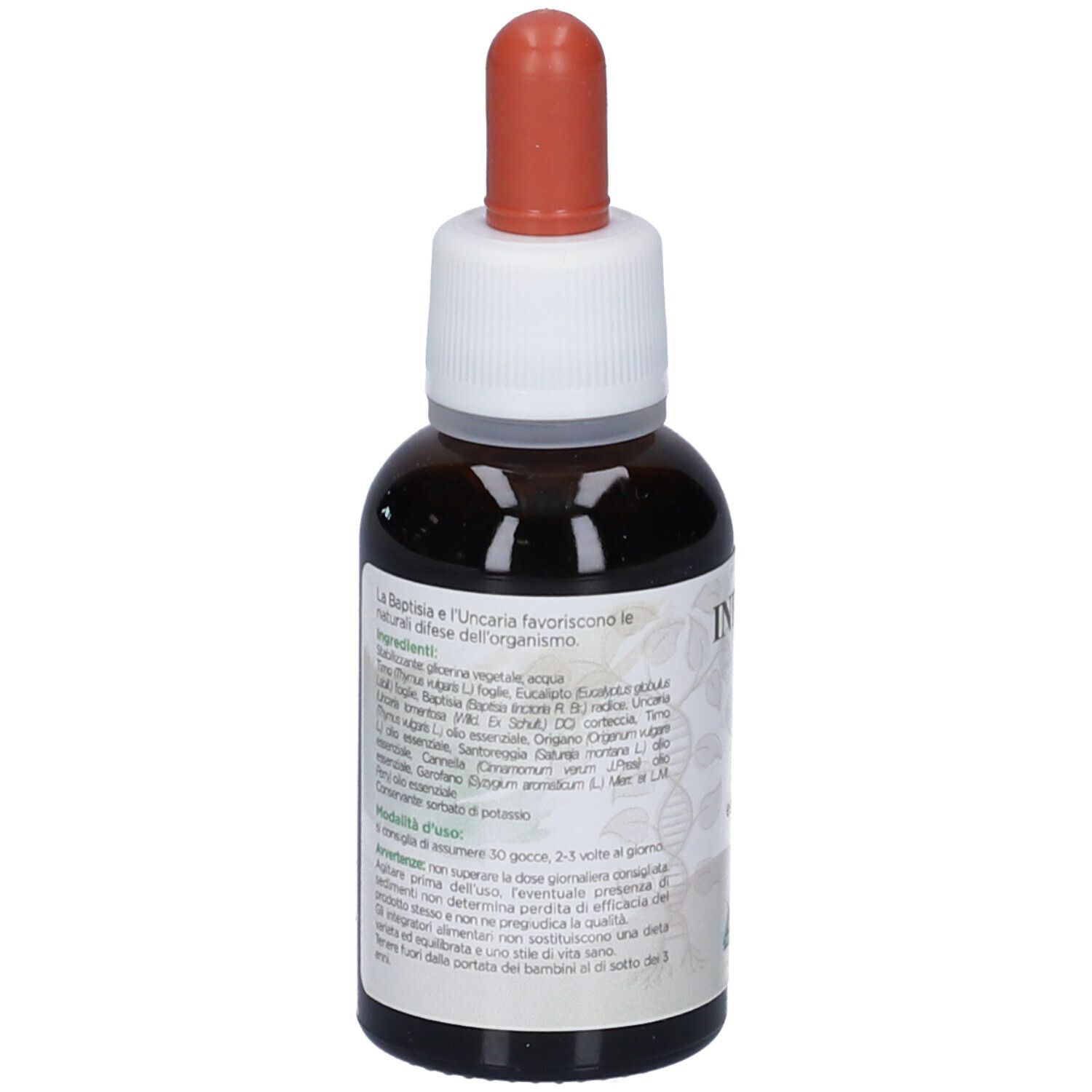 Flacone di vetro marrone con tappo bianco e contagocce rosso. Retro con testo, ingredienti e istruzioni per l'uso.