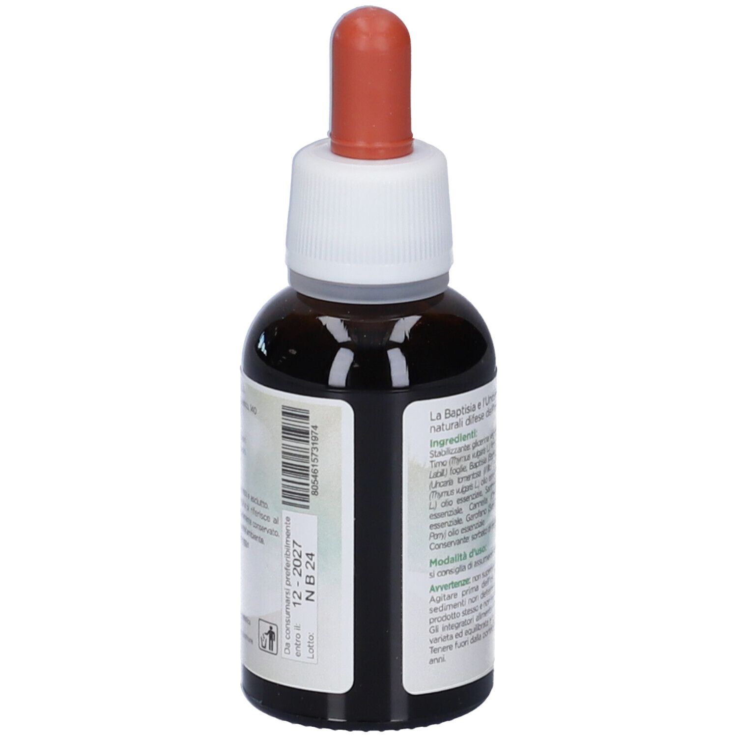 Flacone di vetro marrone con tappo bianco e contagocce rosso. Retro con testo e numero di lotto. Etichetta con codice a barre.