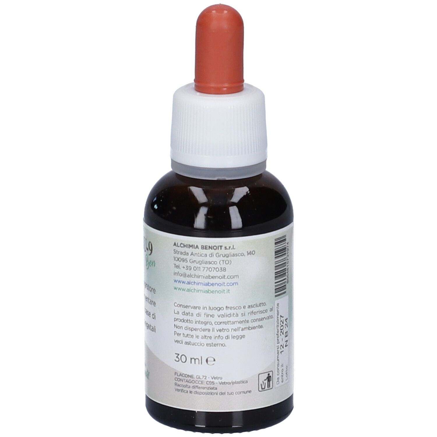 Flacone di vetro marrone con tappo bianco e contagocce rosso. Retro con testo, indirizzo e indicazione del volume 30 ml.