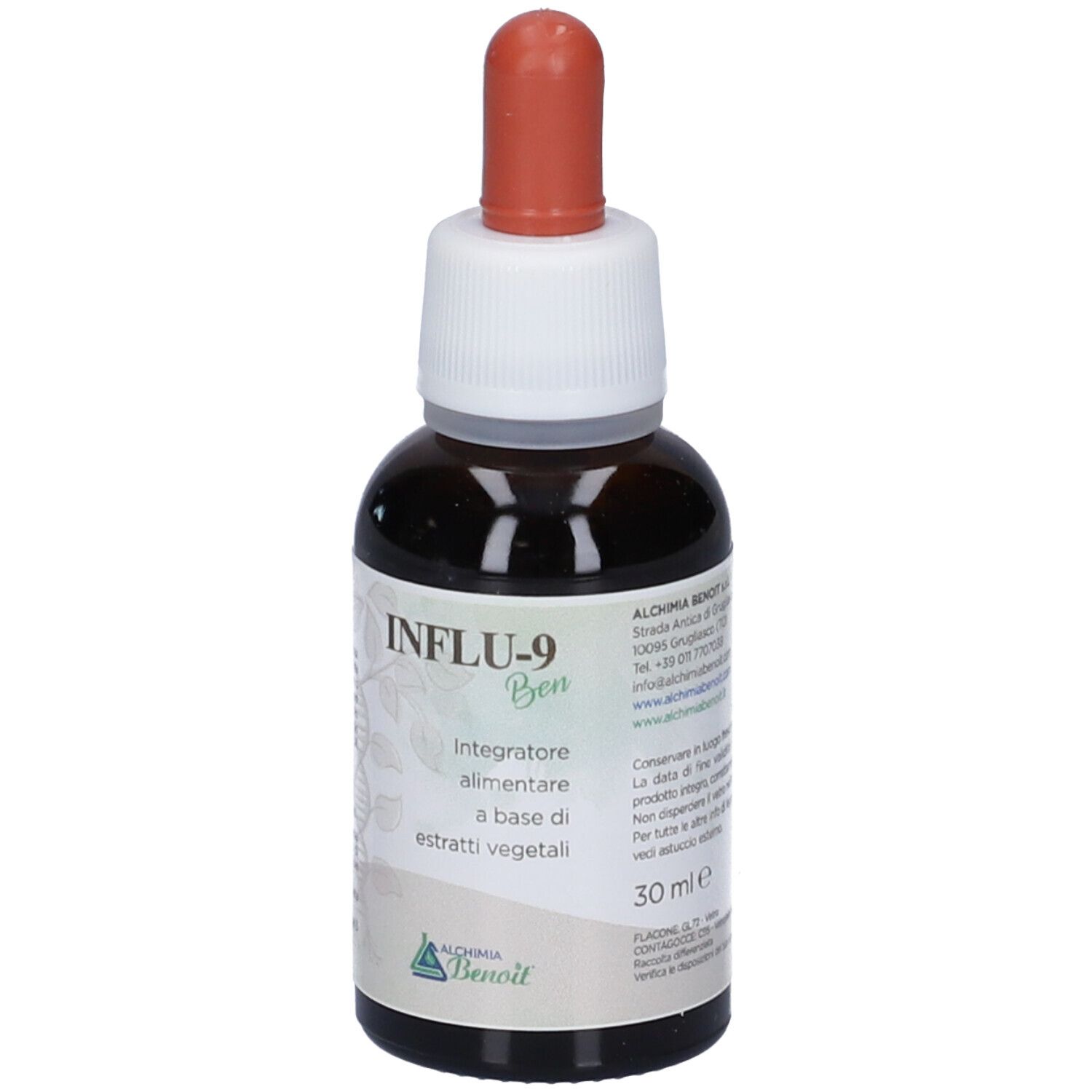 Flacone di vetro marrone con tappo bianco e contagocce rosso. Scritta INFLU-9 Ben, 'integratore alimentare'. Logo Alchemia Benoit.