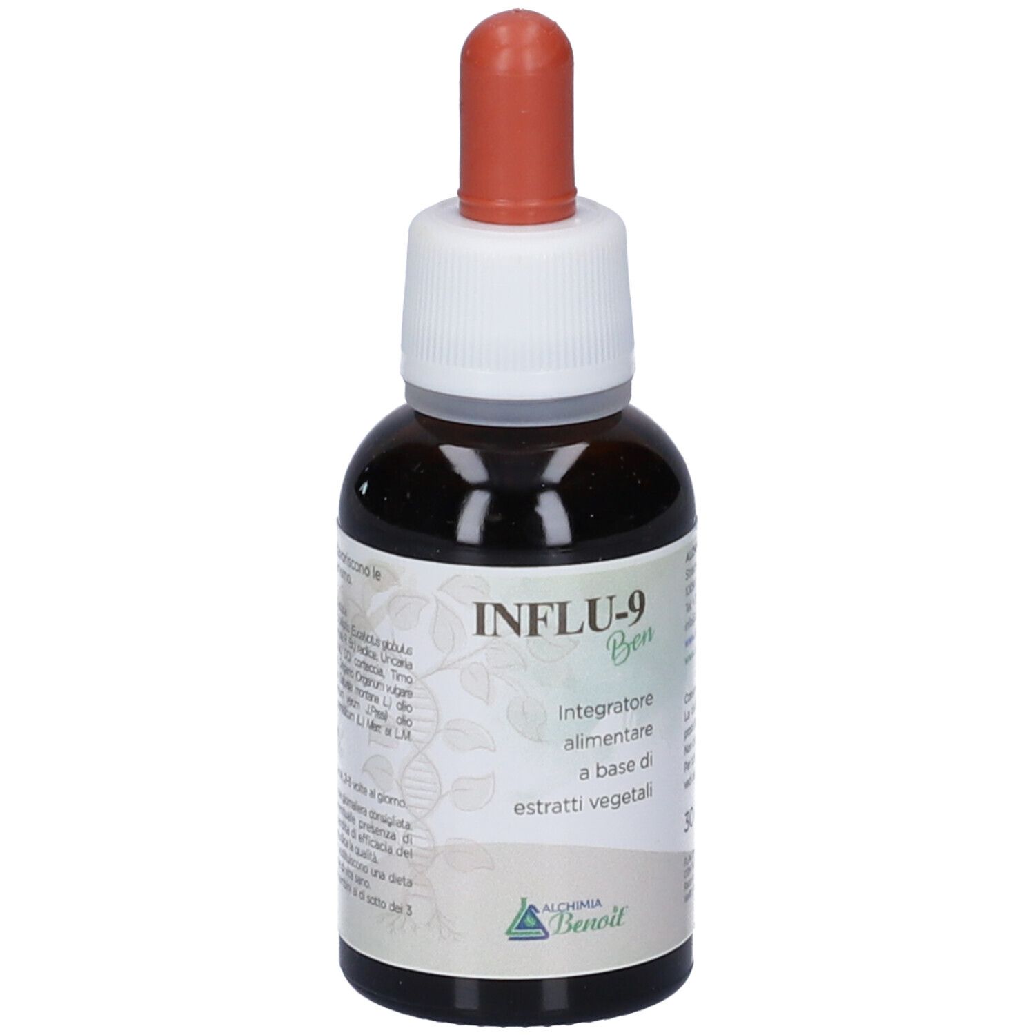 Flacone di vetro marrone con tappo bianco e contagocce rosso. Scritta INFLU-9 Ben, 'integratore alimentare'. Logo Alchemia Benoit.