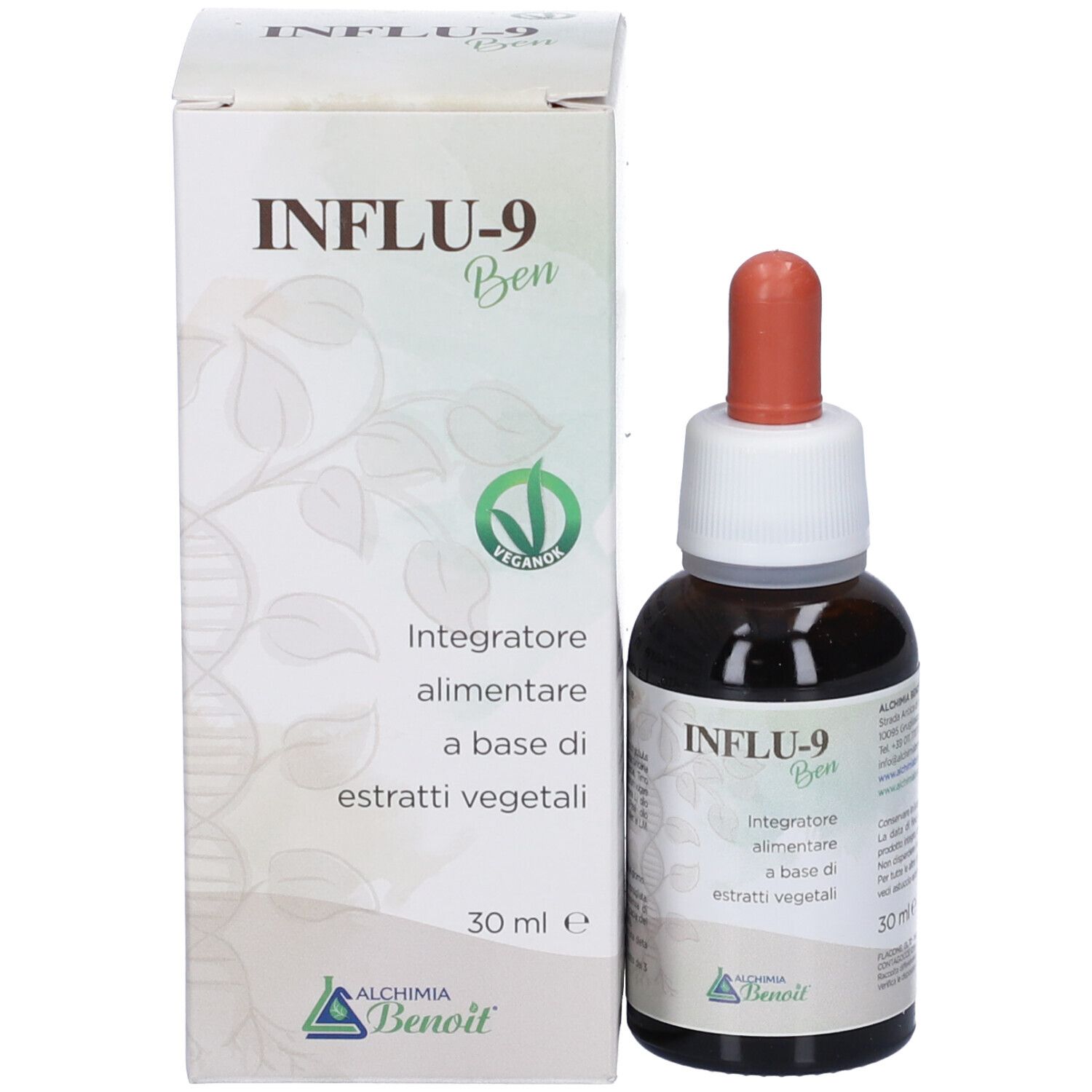 Flacone e confezione del prodotto. Flacone con tappo bianco e contagocce rosso. Confezione con scritta INFLU-9 Ben.