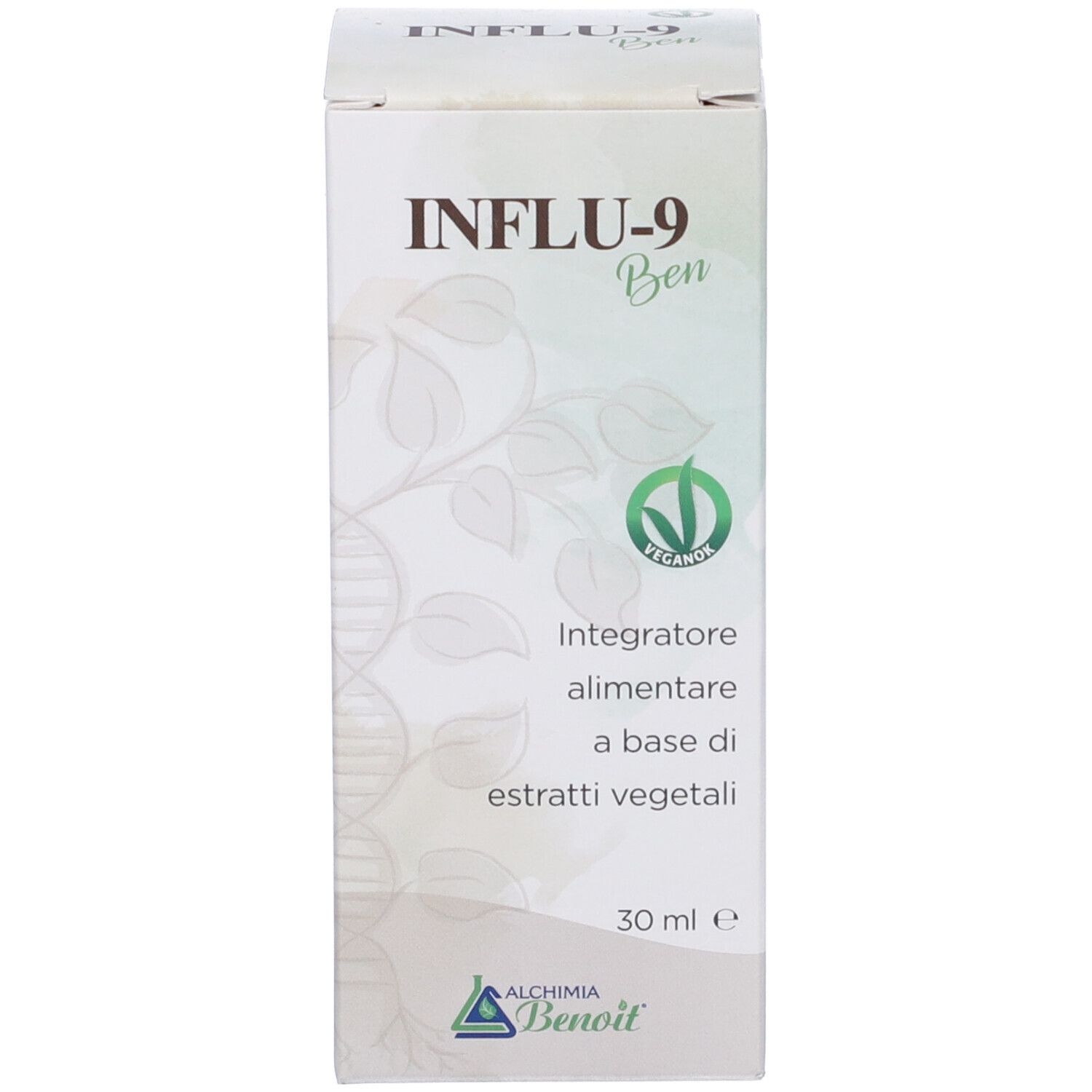Confezione bianca con scritta INFLU-9 Ben. Logo 'Vegan'. Testo 'integratore alimentare a base di estratti vegetali'.