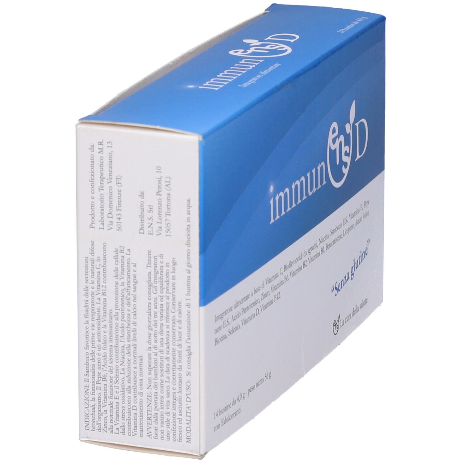 Scatola Immunens D, blu e bianca. Scritta 'Senza glutine'.