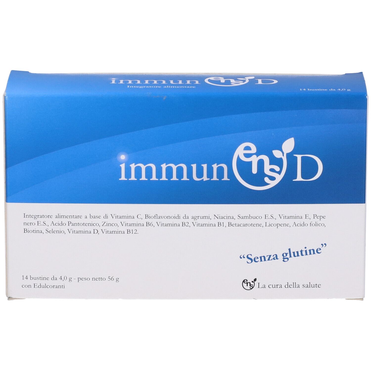 Scatola blu e bianca Immunens D. Contiene 14 bustine. Scritta 'Senza glutine'.