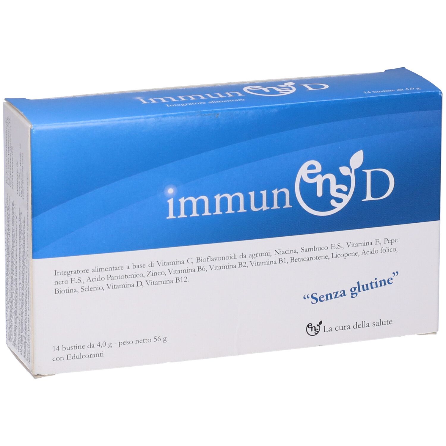 Scatola Immunens D, blu e bianca. Contiene 14 bustine. Scritta 'Senza glutine'.