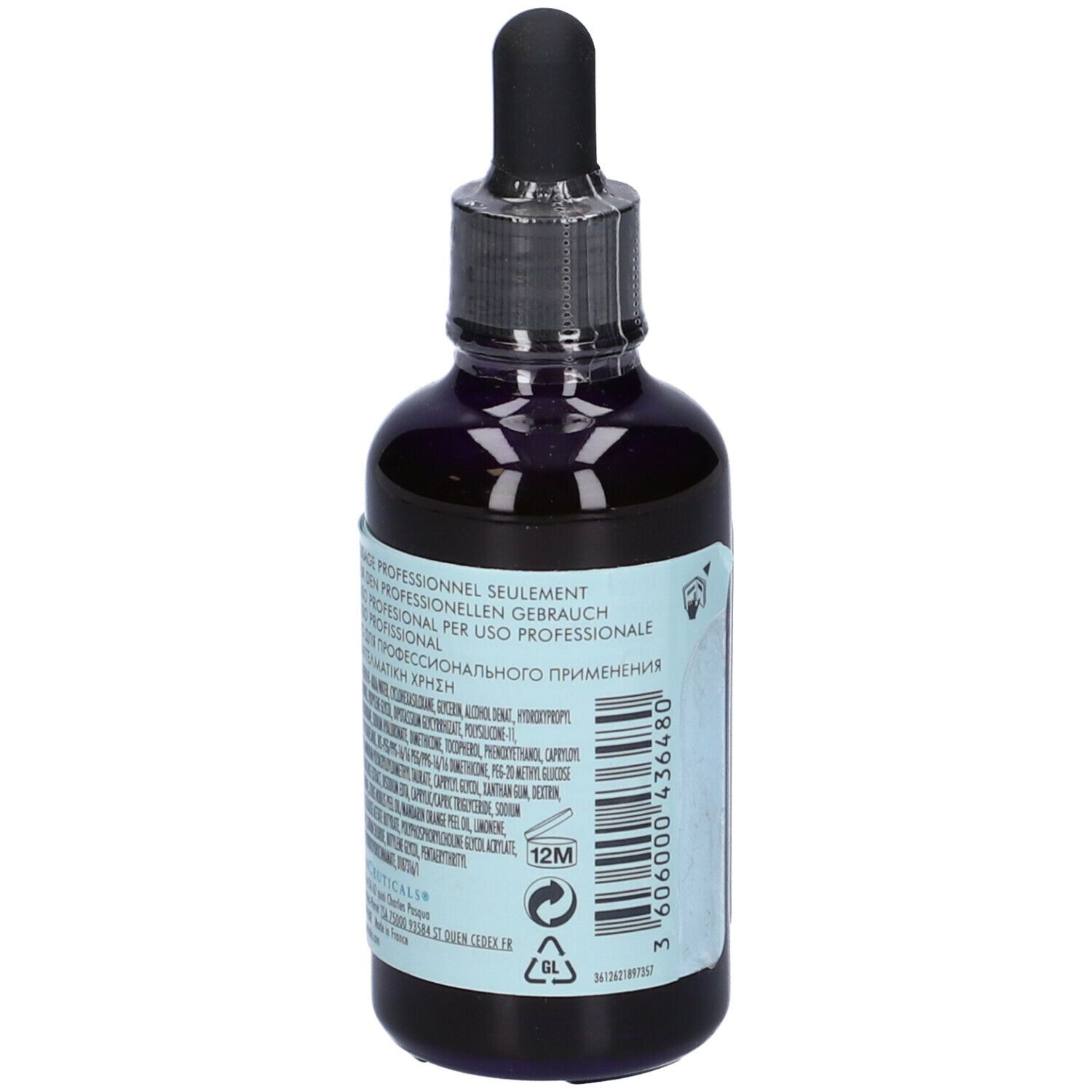 Flacone blu scuro con pipetta. Etichetta con informazioni sul prodotto e codice a barre. Marchio SkinCeuticals.