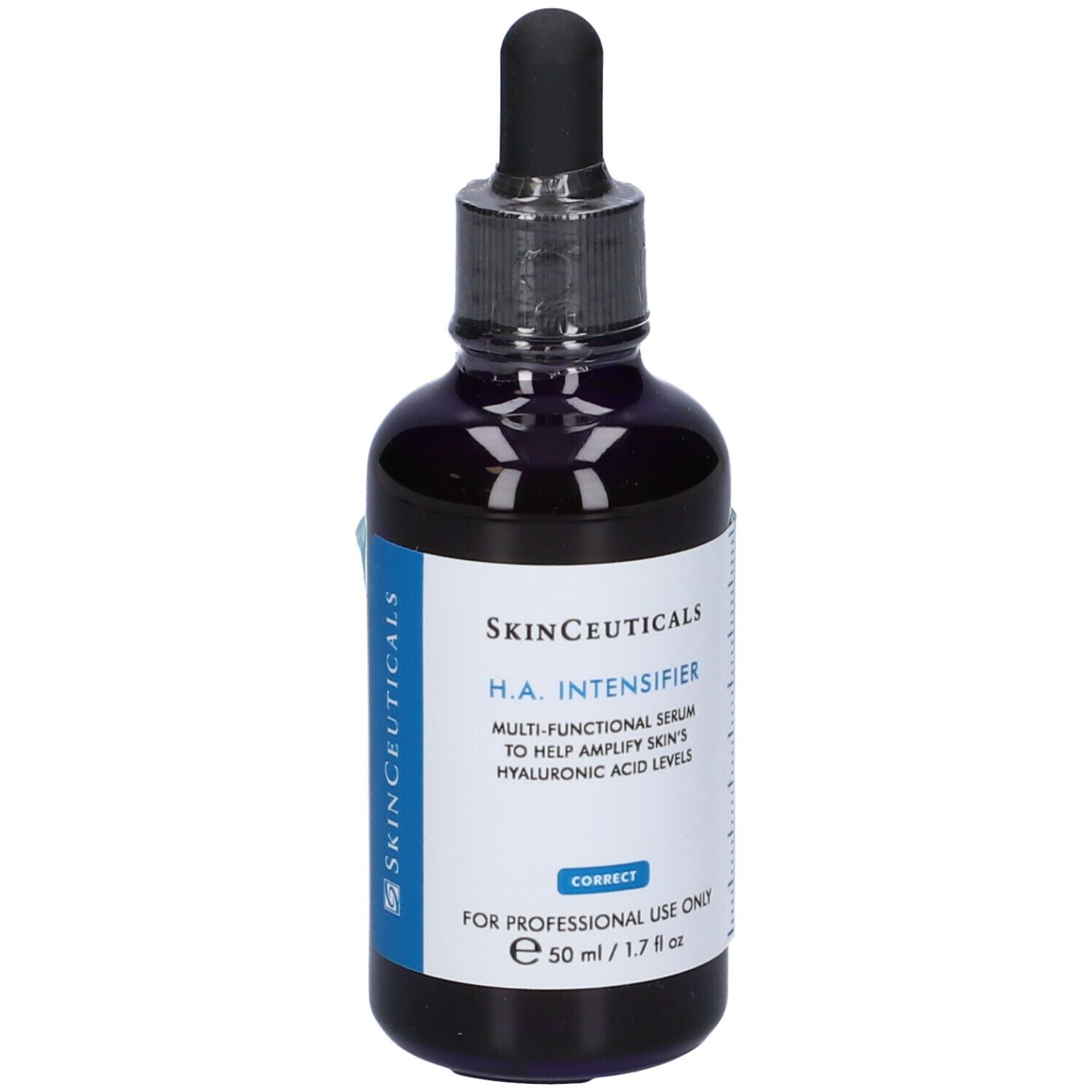 Flacone blu scuro con pipetta. Etichetta con nome del prodotto e informazioni. Marchio SkinCeuticals. Volume: 50 ml.