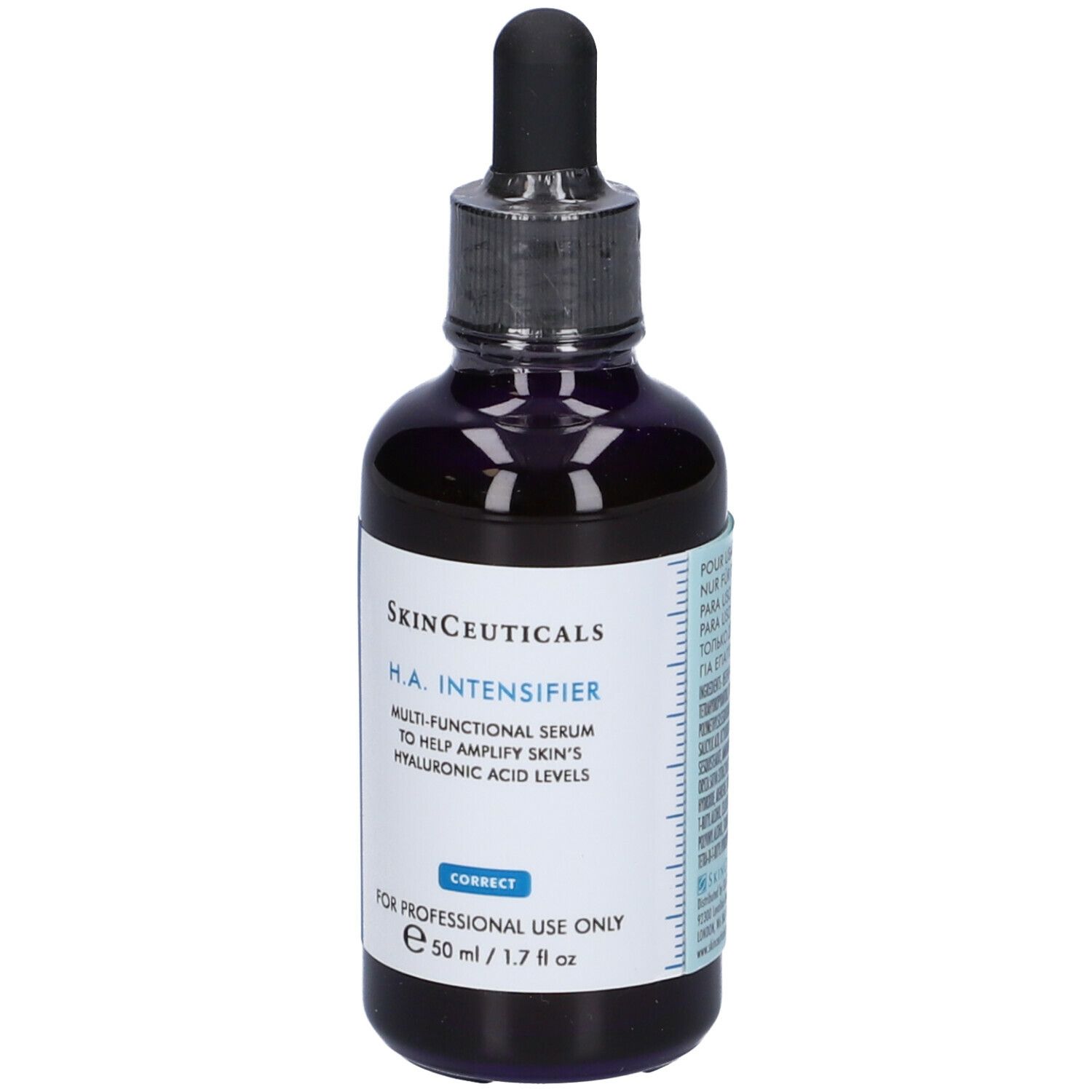 Flacone blu scuro con pipetta. Etichetta con nome del prodotto e informazioni. Marchio SkinCeuticals. Volume: 50 ml.