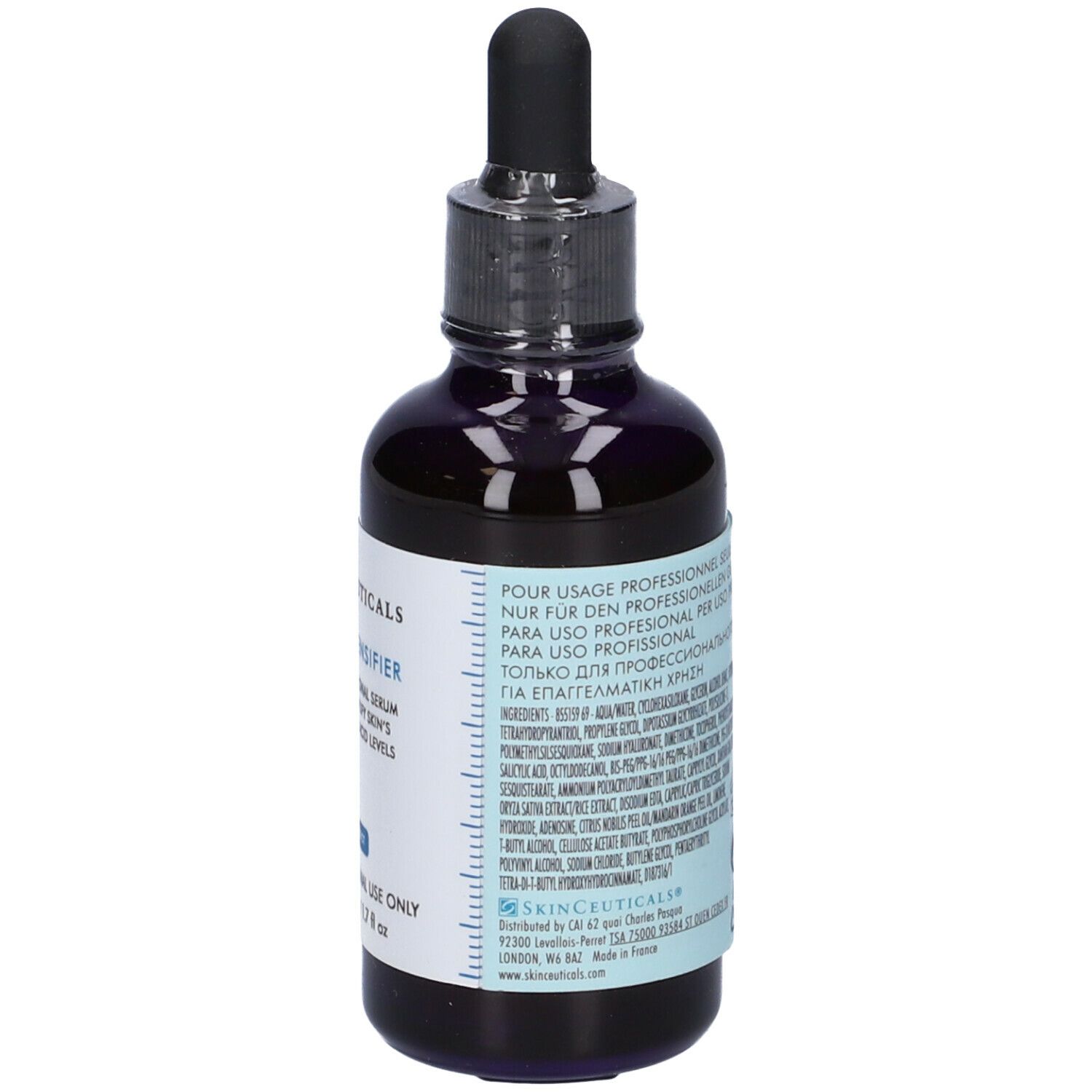 Flacone blu scuro con pipetta. Etichetta con informazioni sul prodotto. Marchio SkinCeuticals. Volume: 50 ml.