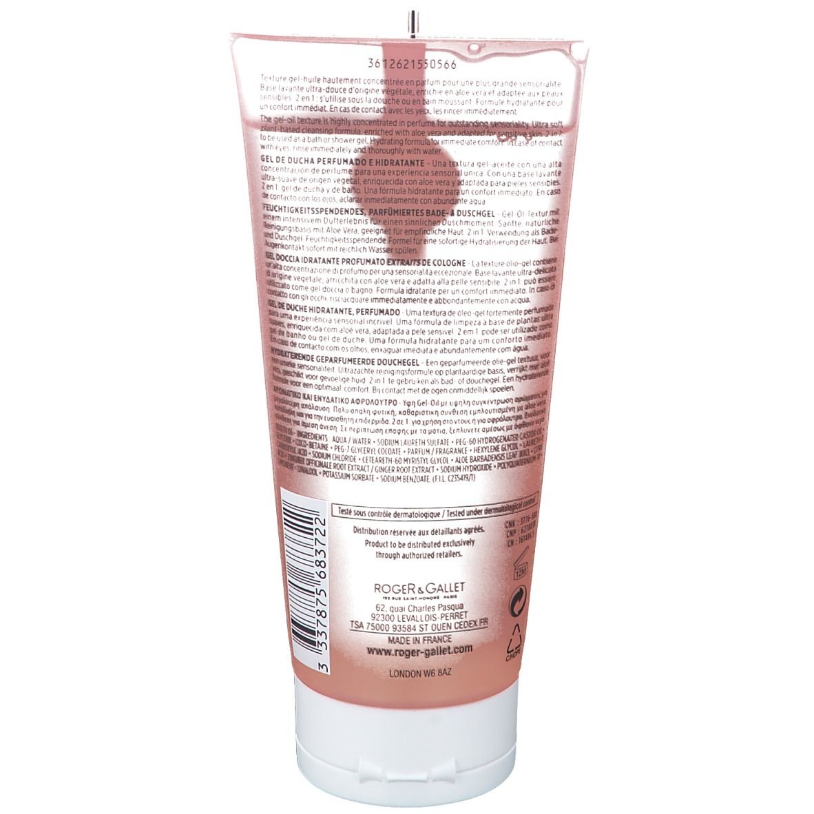 Retro del tubo. Testo e codice a barre sull'etichetta. Liquido rosa visibile.