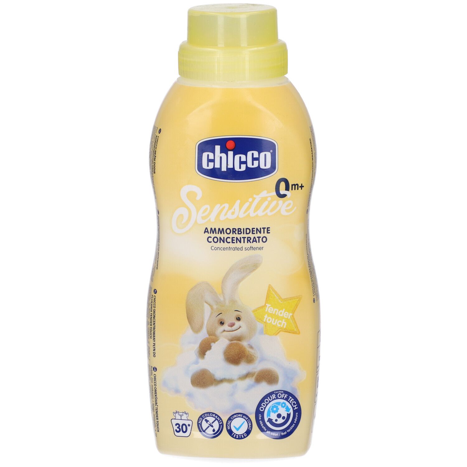 Bottiglia gialla di ammorbidente "Chicco Sensitive". Immagine di un coniglio su una nuvola. "Tender touch" e 30 lavaggi.