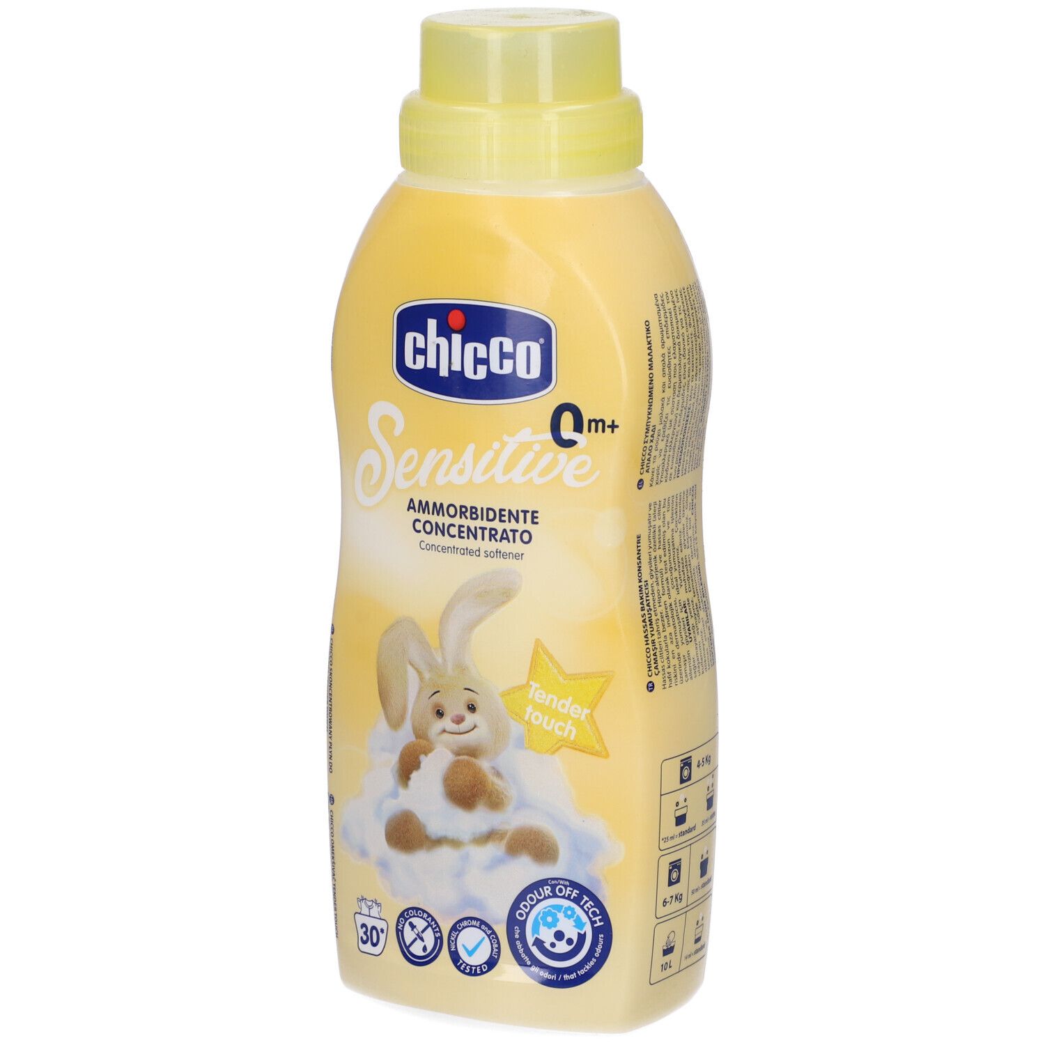Bottiglia gialla di ammorbidente "Chicco Sensitive". Immagine di un coniglio su una nuvola. "Tender touch" e 30 lavaggi.