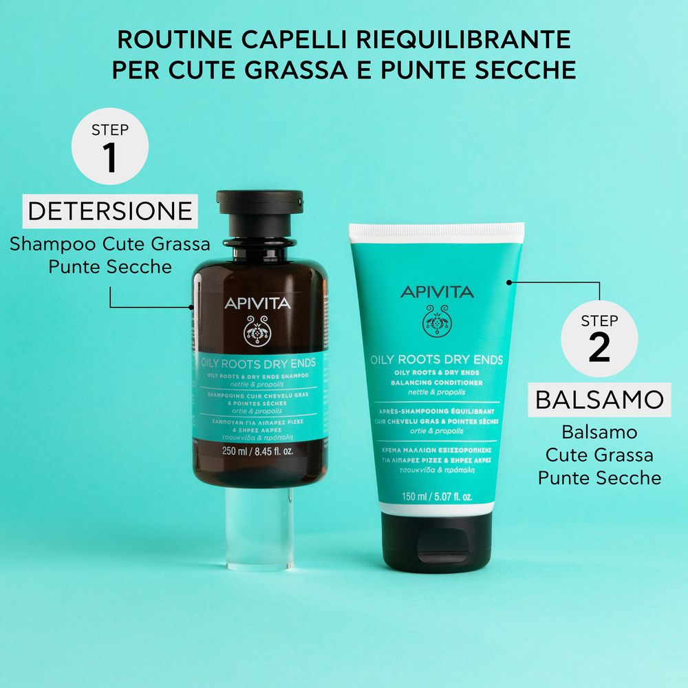 Due flaconi: shampoo e balsamo. Testo: Shampoo cute grassa punte secche, balsamo.