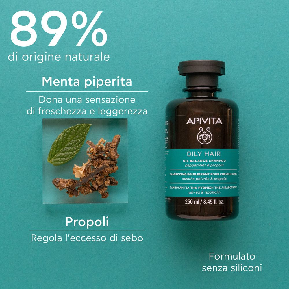 Flacone e ingredienti. Testi: 89% di origine naturale, Menta piperita, Propoli, Formato senza siliconi.