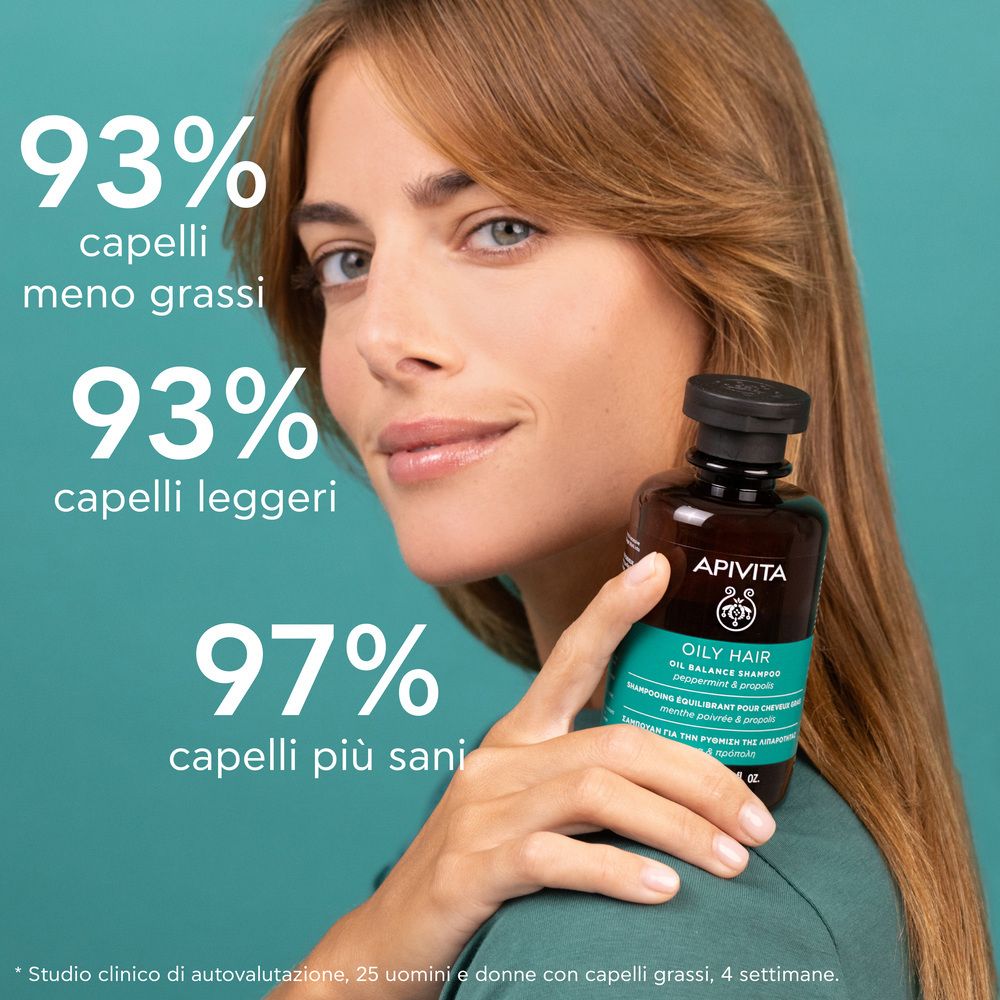 Donna con capelli. Testi: 93% capelli meno grassi, 93% capelli leggeri, 97% capelli più sani. Flacone.