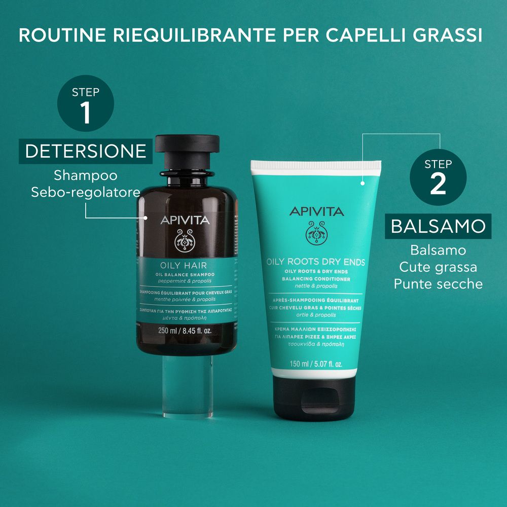 Due flaconi. Testo: ROUTINE RIEQUILIBRANTE PER CAPELLI GRASSI. Step 1: Shampoo. Step 2: Balsamo.