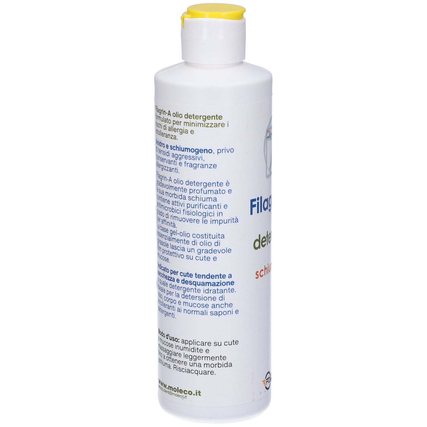 Flacone bianco con tappo giallo. Testo in italiano. Scritta Filagrin-A Olio detergente, anidro schiumogeno. Logo.