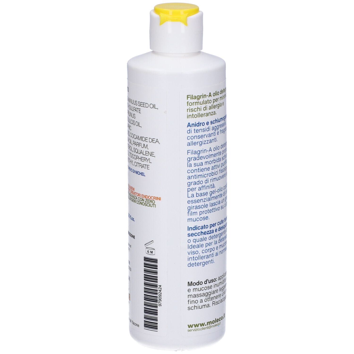 Flacone bianco con tappo giallo. Testo in italiano. Scritta Filagrin-A Olio detergente, anidro schiumogeno. Logo.