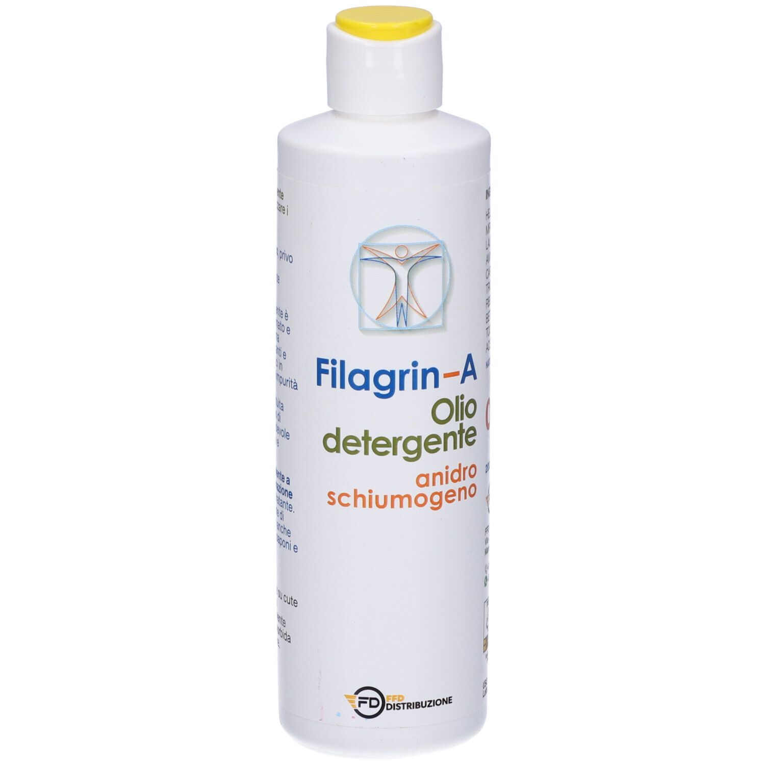 Flacone bianco con tappo giallo. Scritta Filagrin-A Olio detergente, anidro schiumogeno. Logo con figura umana.