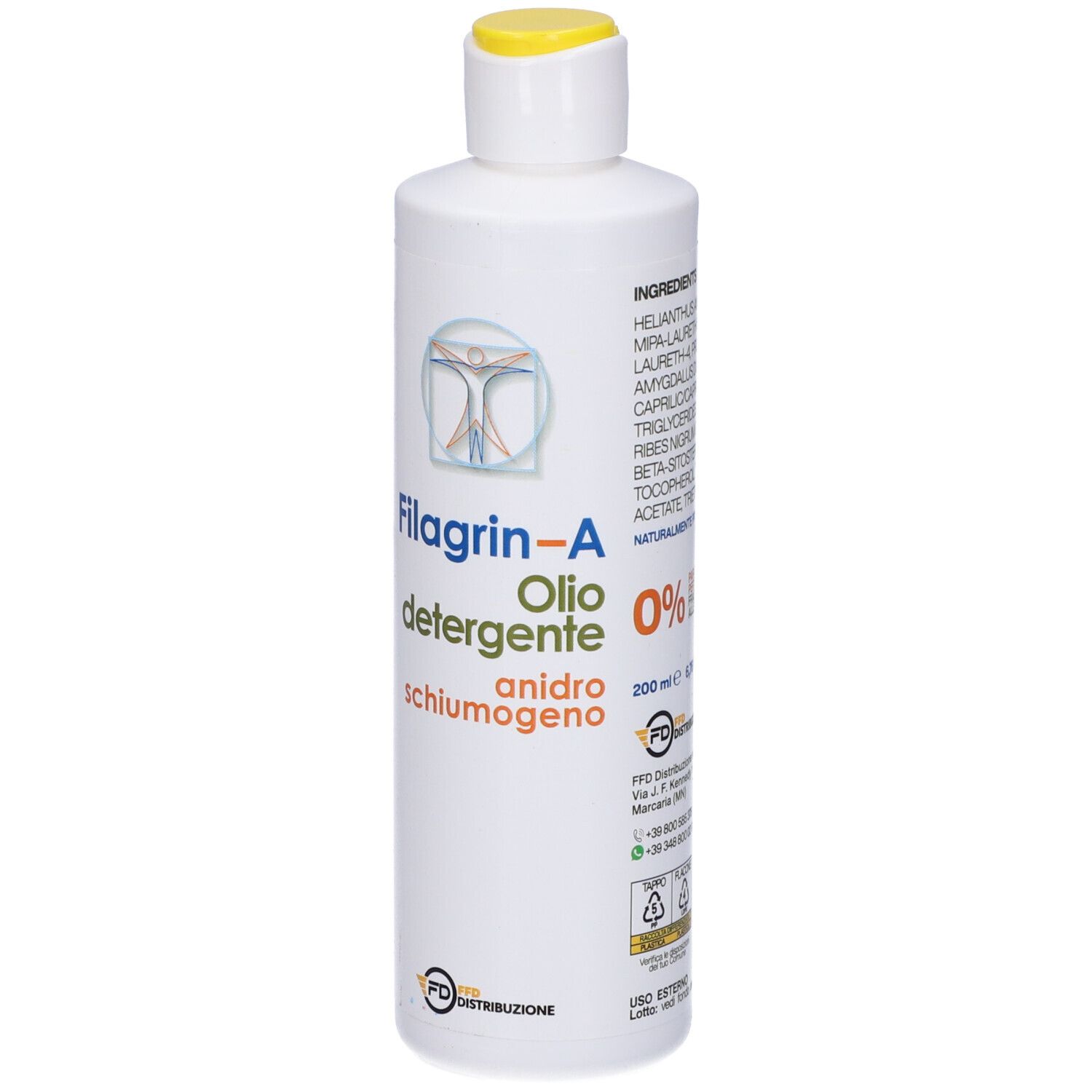 Flacone bianco con tappo giallo. Scritta Filagrin-A Olio detergente, anidro schiumogeno. 0%. Logo.