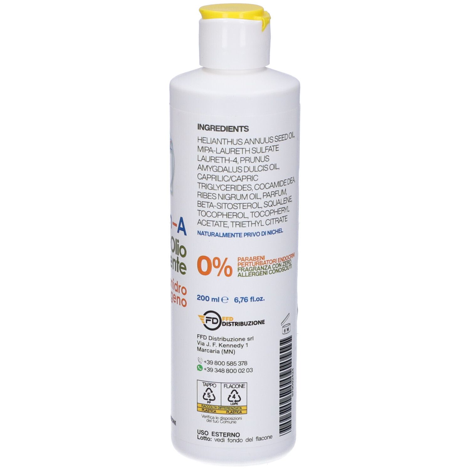 Flacone bianco con tappo giallo. Scritta Filagrin-A Olio detergente, anidro schiumogeno. 0%. 200 ml. Logo.