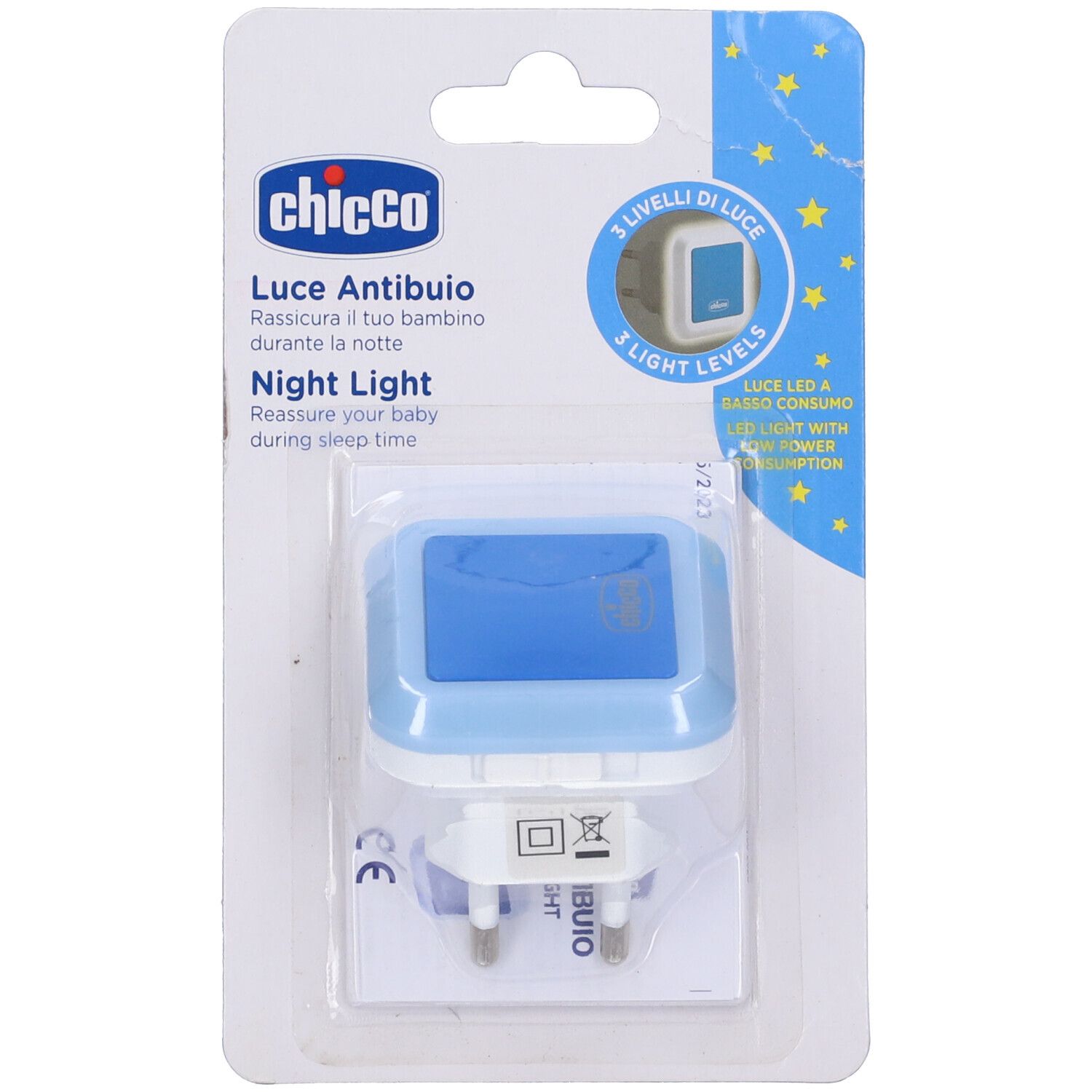 Luce notturna in confezione blister. Il prodotto ha un pannello blu e la scritta 'Chicco'.
