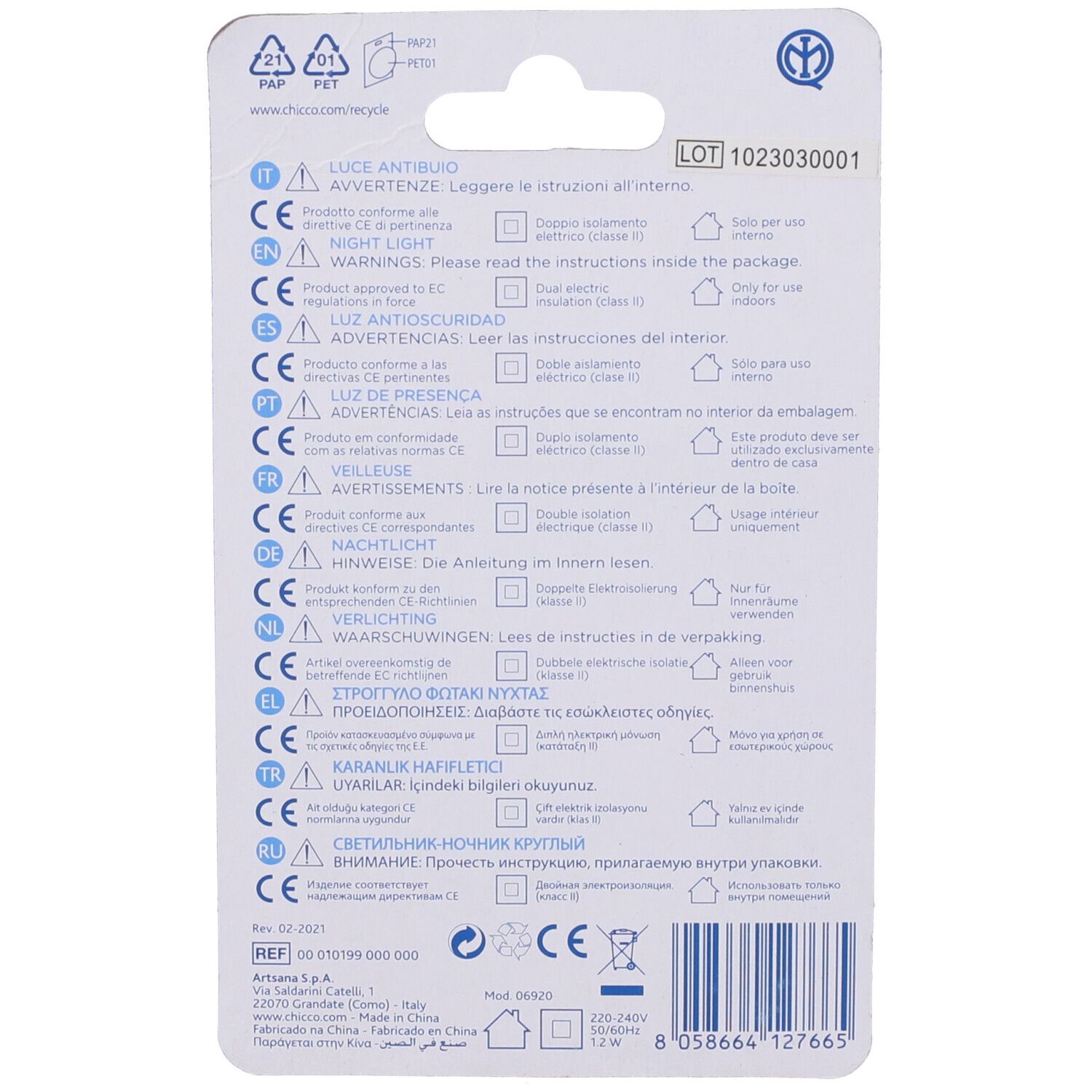 Retro della confezione blister con testo in varie lingue. Marchio CE.