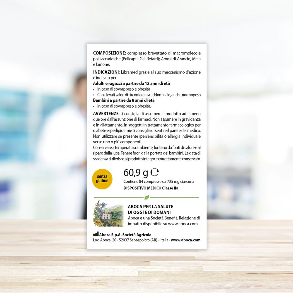 Retro della confezione Libramed. Informazioni testuali, ingredienti, avvertenze, logo Aboca.