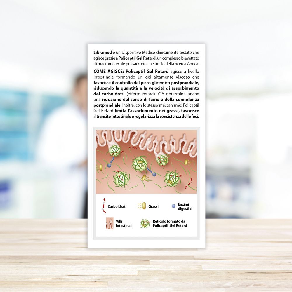 Retro della confezione Libramed. Istruzioni per l'uso, codice QR, marchio CE.