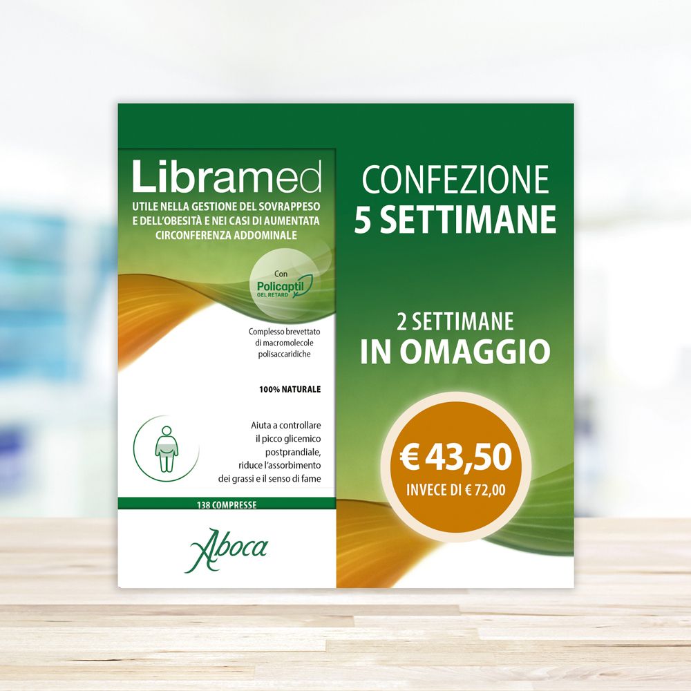 Cartello pubblicitario Libramed, confezione 5 settimane. Prezzo: 43,50 €. Testo: 2 settimane in omaggio. Logo Aboca. Design verde e bianco.