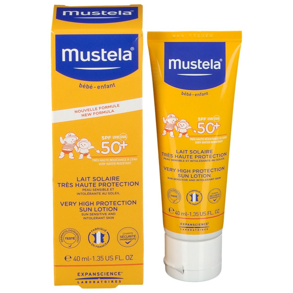 Mustela Sonnenmilch LSF 50+ e confezione. Giallo con scritta. Contiene un tubo e una scatola.