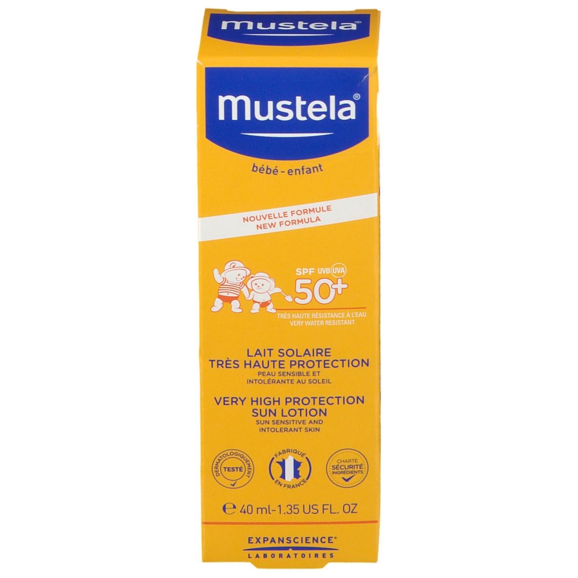 Confezione Mustela Sonnenmilch LSF 50+. Scatola gialla con scritta. Contiene informazioni sul prodotto.