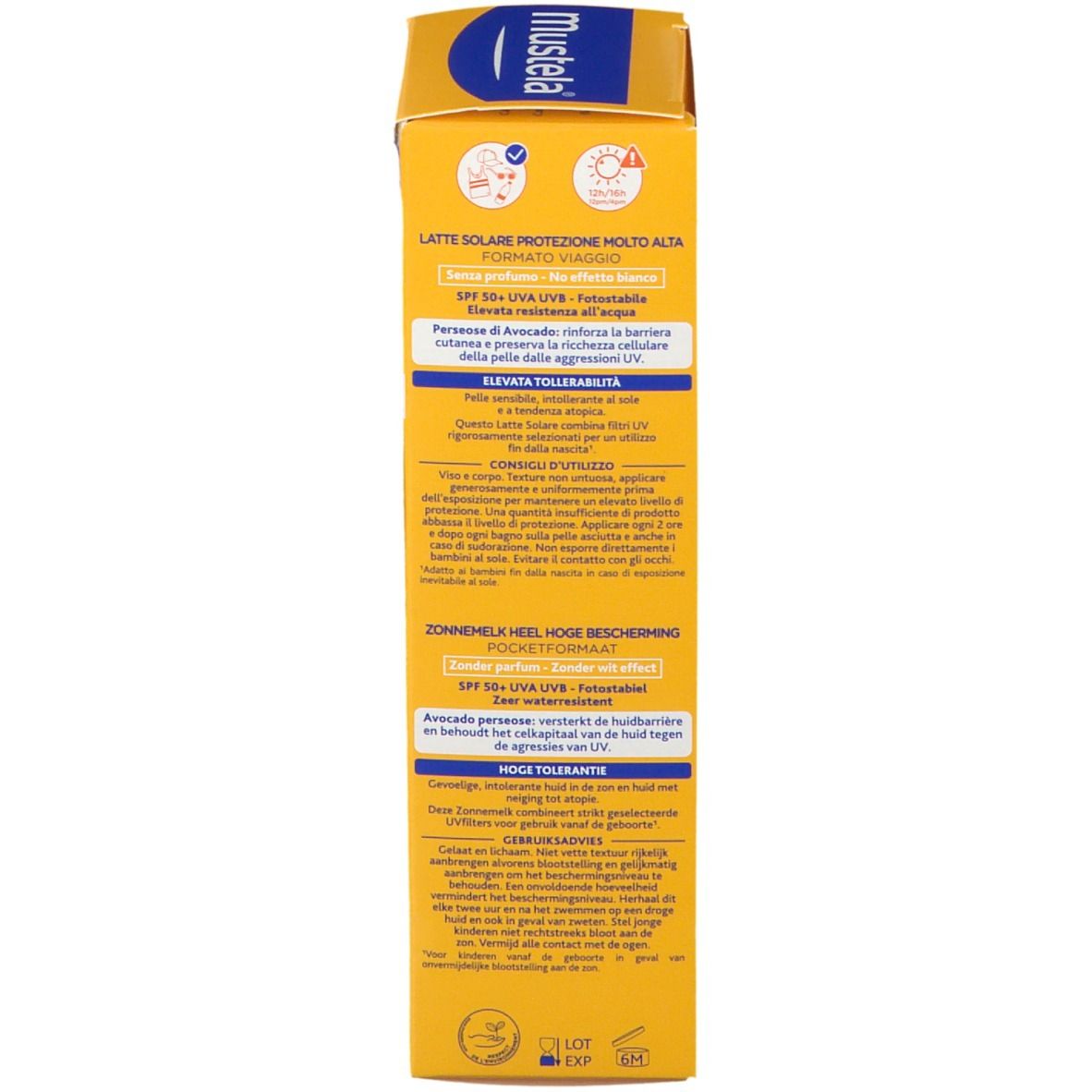 Retro della confezione Mustela Sonnenmilch LSF 50+. Giallo con testo multilingue. Formato tascabile.