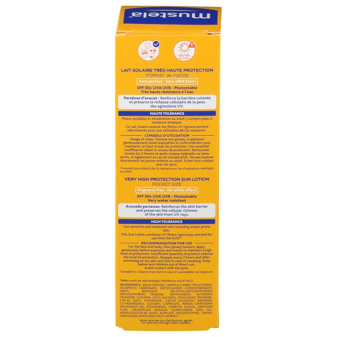 Retro della confezione Mustela Sonnenmilch LSF 50+. Giallo con testo multilingue. Formato tascabile.