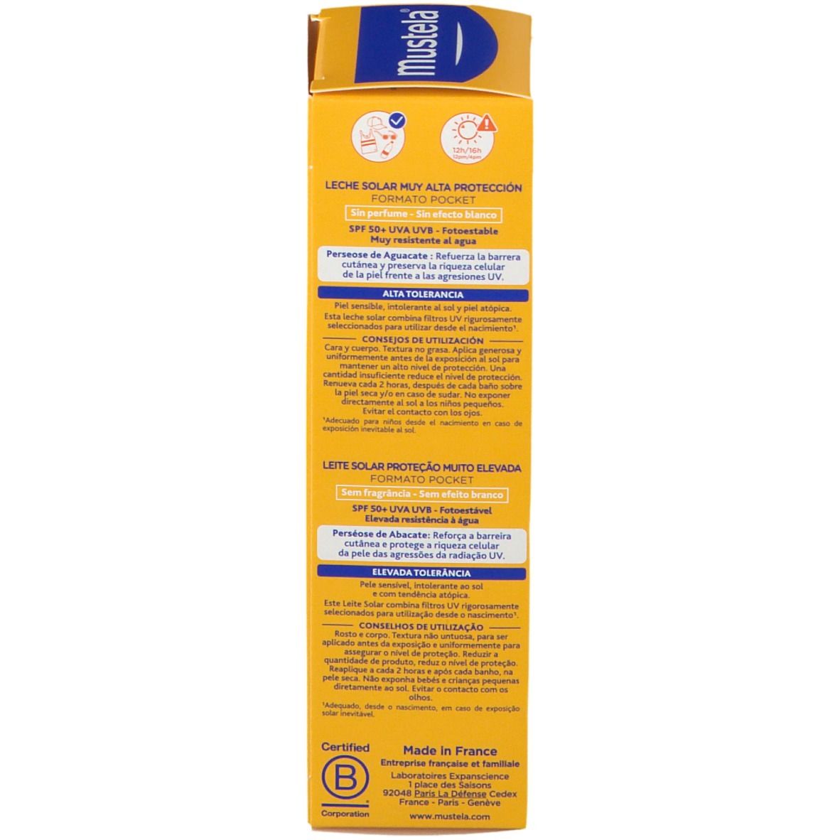 Retro della confezione Mustela Sonnenmilch LSF 50+. Giallo con testo multilingue. Formato tascabile.
