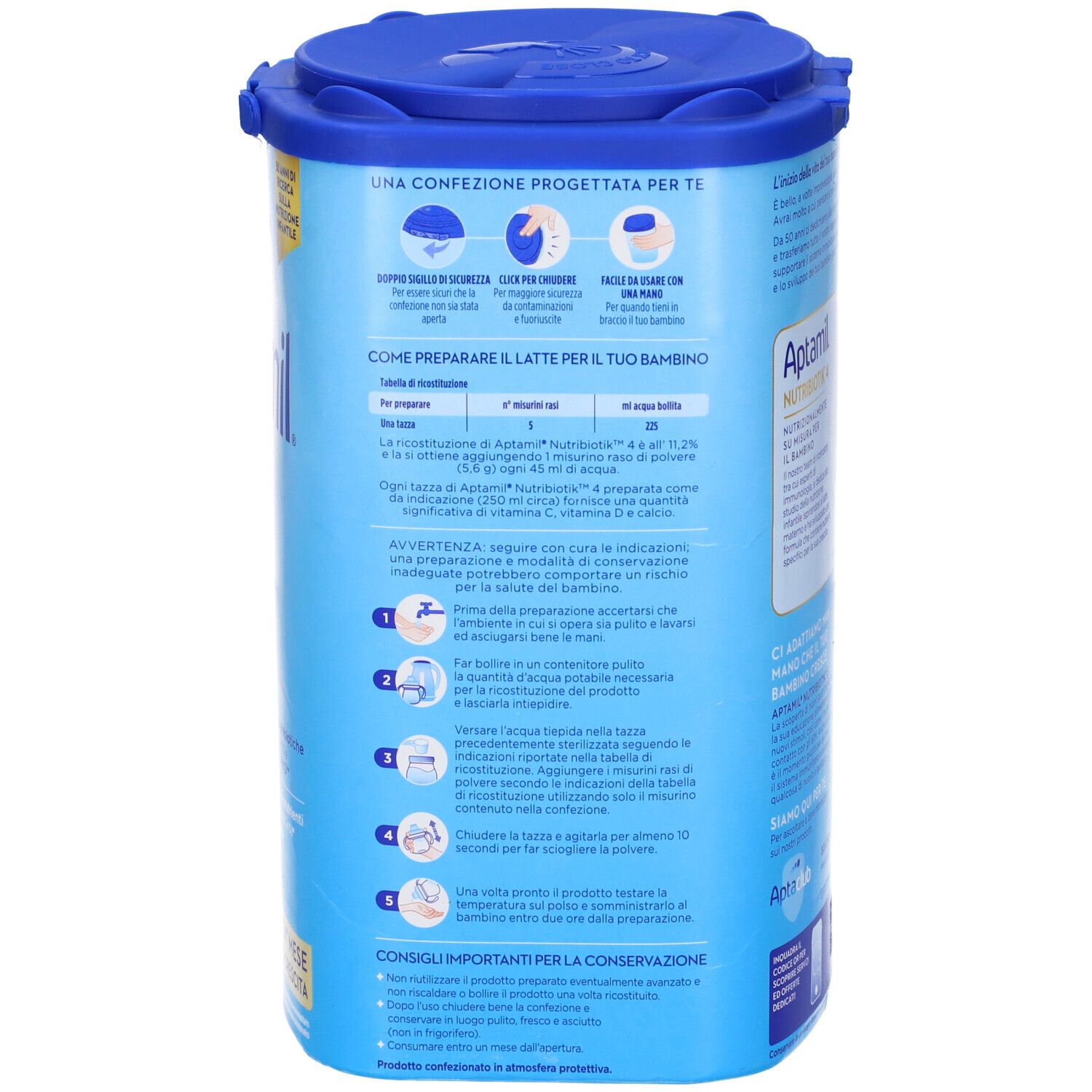 Retro della lattina Aptamil 4. Contiene istruzioni per la preparazione. Lattina blu con coperchio. Testo in italiano.