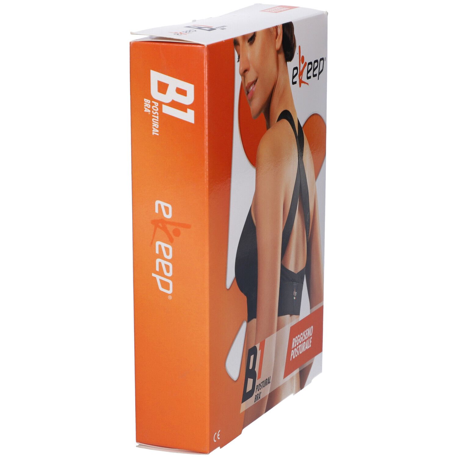 Confezione, vista laterale. Scritte: B1 Postural Bra, Reggiseno Posturale, ekeep.