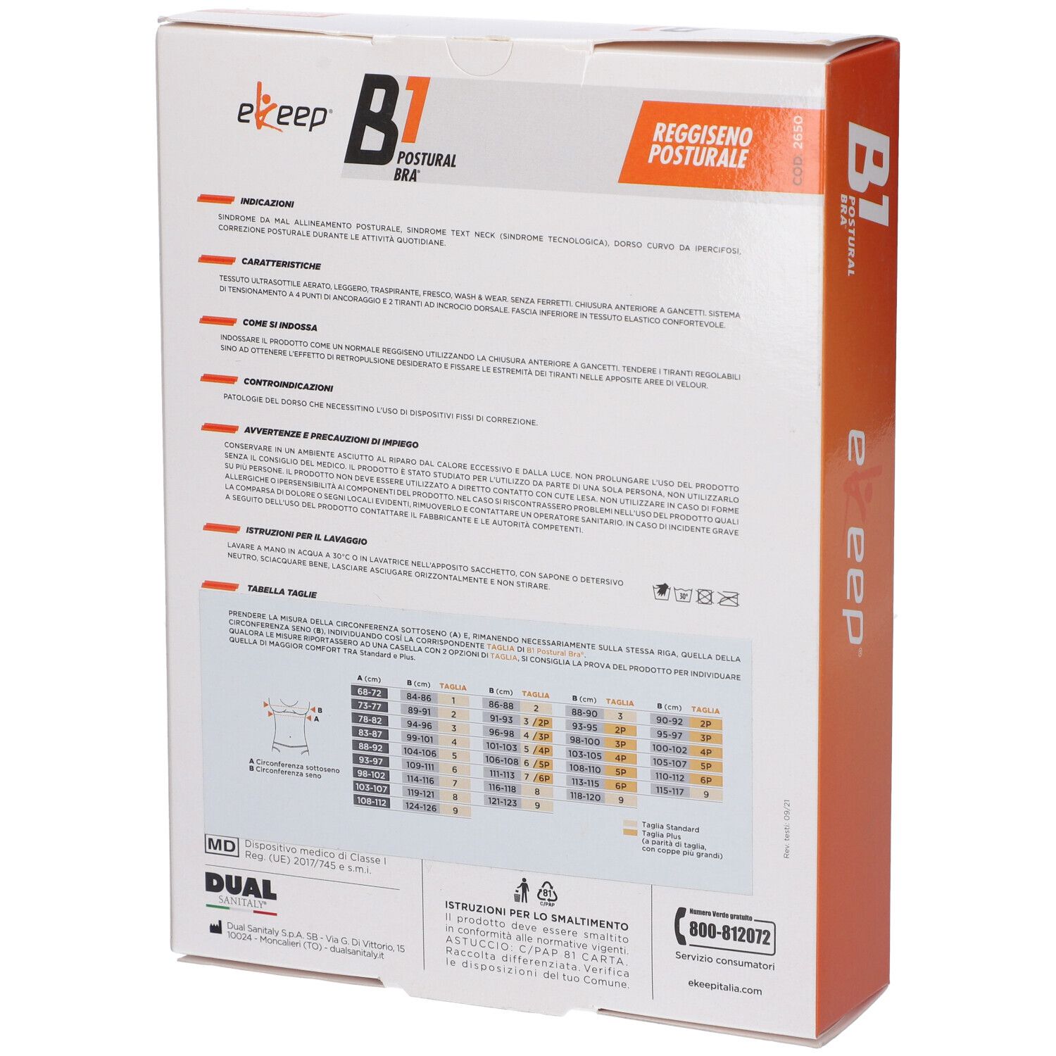 Retro della confezione. Testo e tabella taglie. Scritte: ekeep, B1 Postural Bra, Reggiseno Posturale.