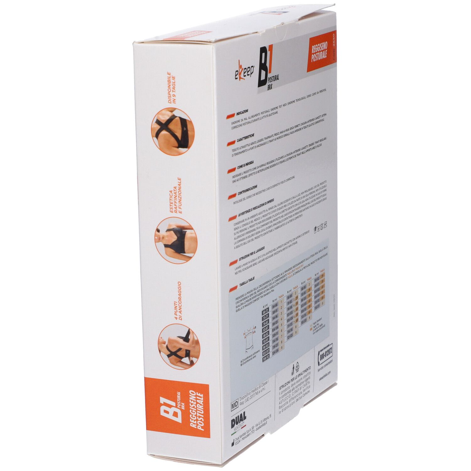 Confezione, retro. Illustrazioni del reggiseno. Scritte: ekeep, B1 Postural Bra, Reggiseno Posturale.