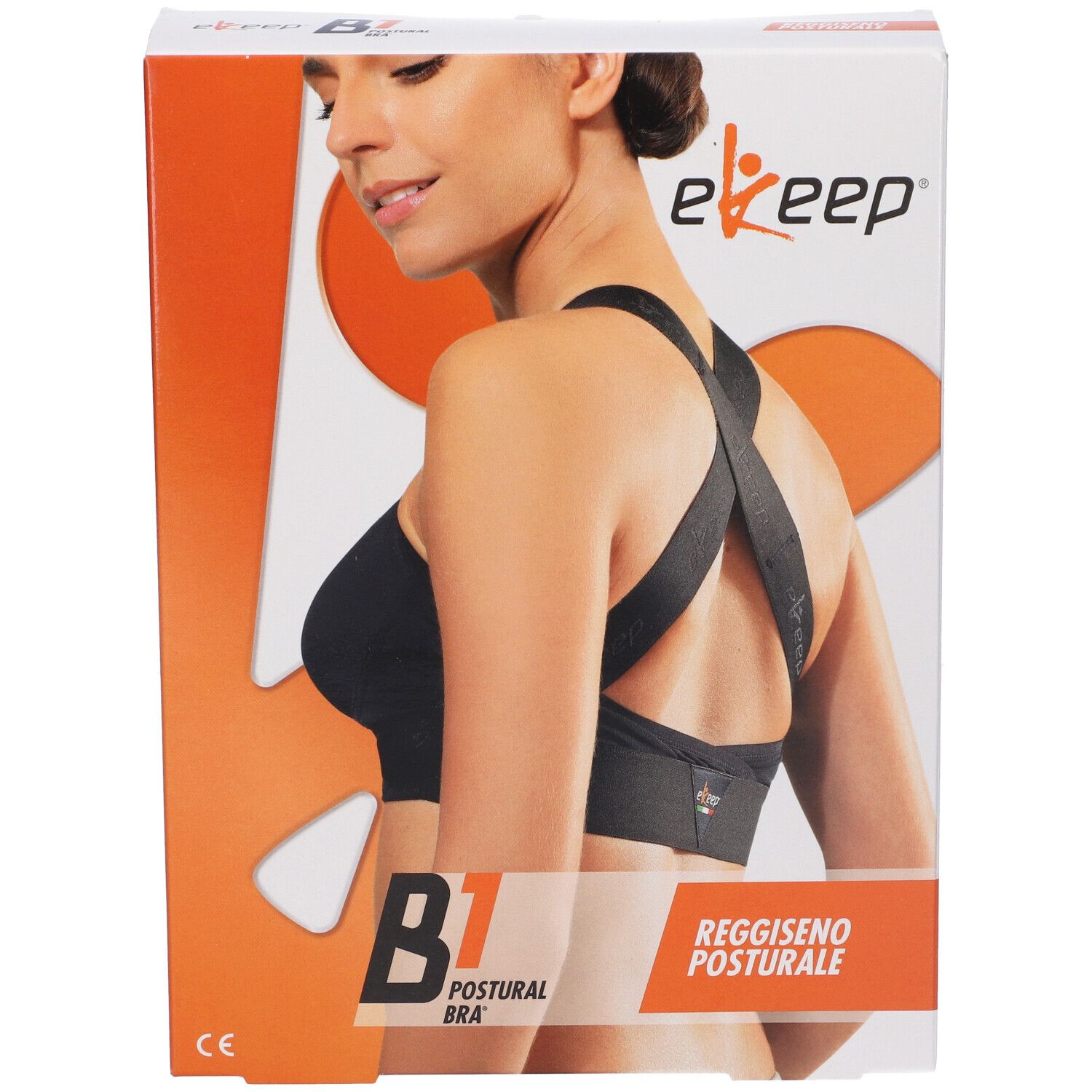 Confezione, mostra un reggiseno nero. Scritte: B1 Postural Bra, Reggiseno Posturale, ekeep.