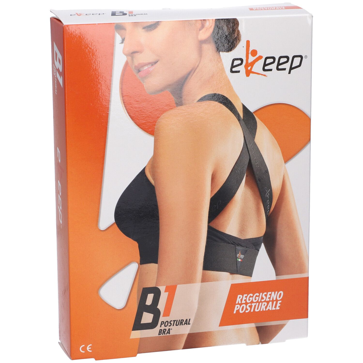 Confezione, mostra un reggiseno nero. Scritte: B1 Postural Bra, Reggiseno Posturale, ekeep.